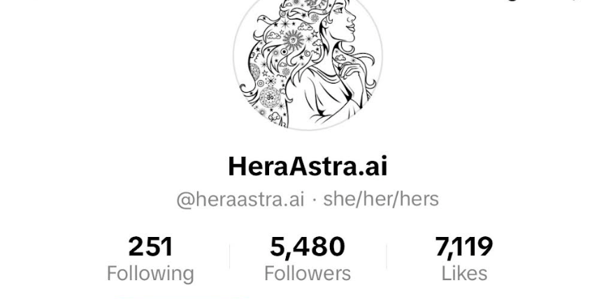 HeraAstra.ai TikTok profile showing 5,480 followers and 7,119 likes